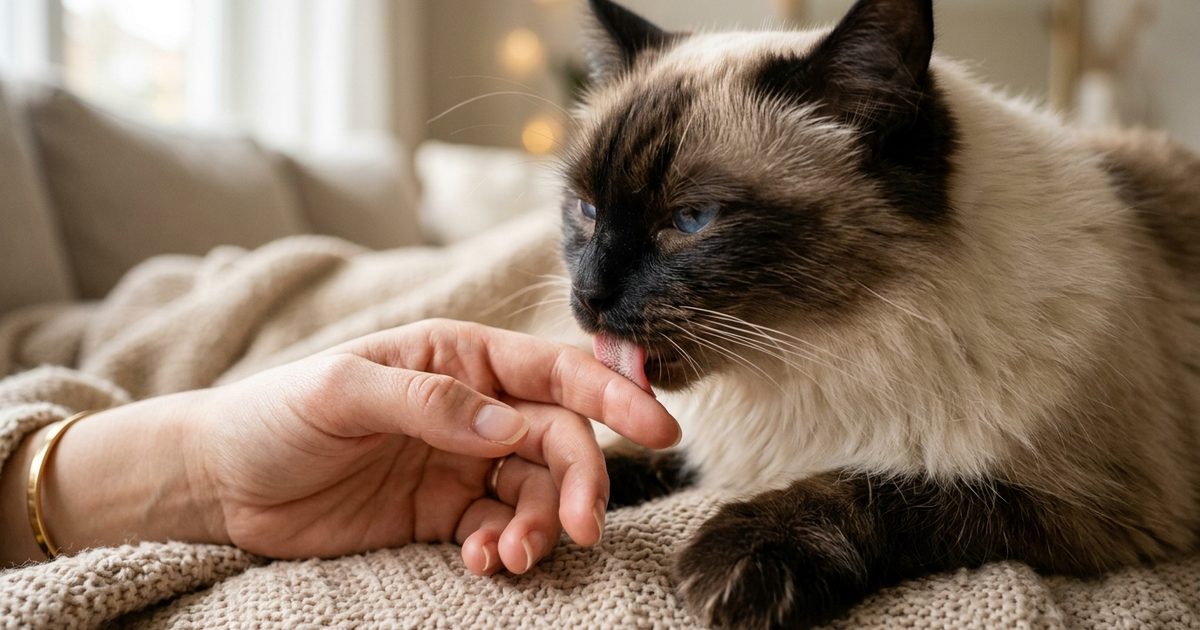 A Ragdoll cat with a cream body and dark brown colorpoint face, grooming its owner's fingers with a focused, gentle expression and striking blue eyes
