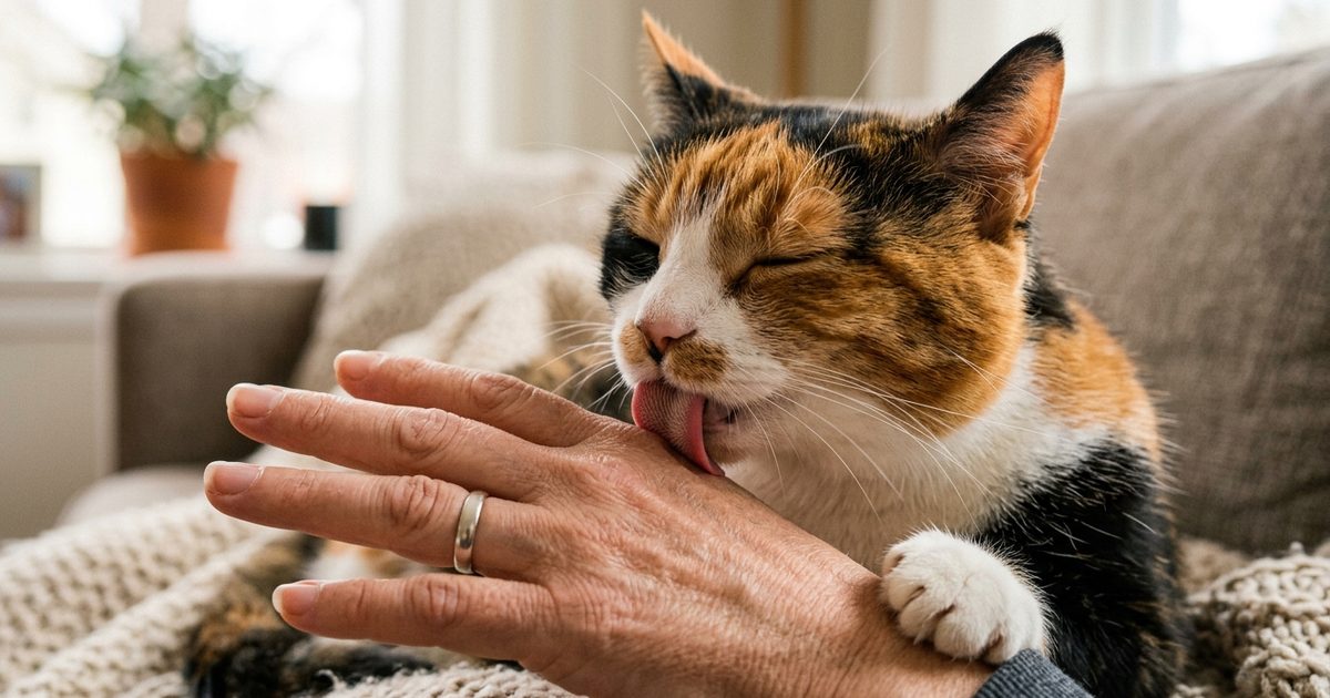 A calico cat with distinct patches of orange, black, and white fur gently licking its owner's outstretched hand, tender and focused expression, warm natural light