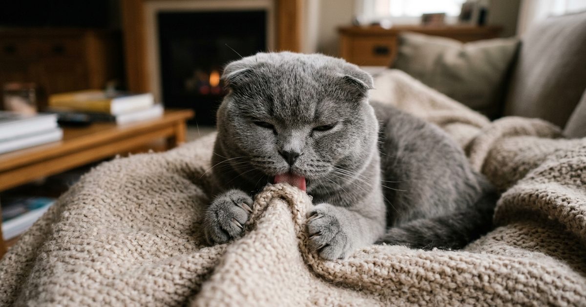 A gray Scottish Fold cat with distinctive folded ears licking a soft blanket while kneading it with its paws, eyes half-closed in contentment