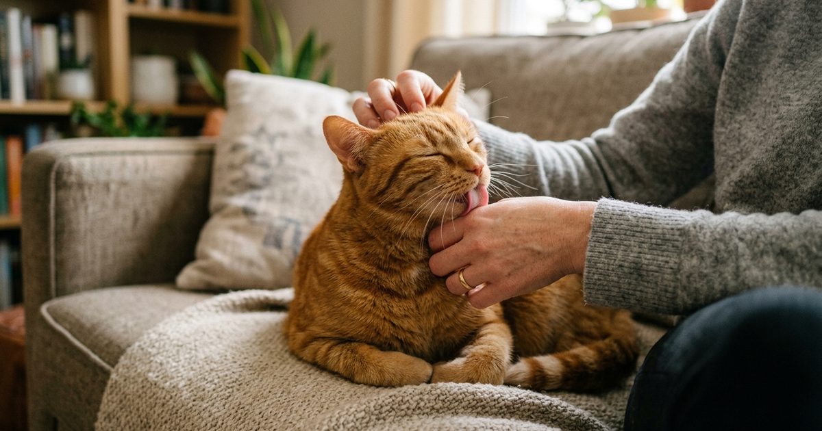 An orange tabby being gently petted on the head while licking its owner's wrist, both relaxed and content in warm afternoon light