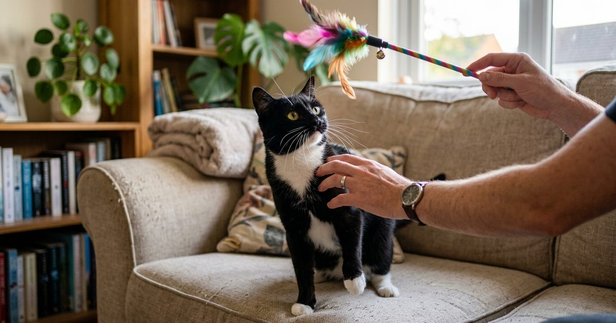 A tuxedo cat licking its owner's hand and then being gently redirected toward a feather wand toy, calm positive interaction